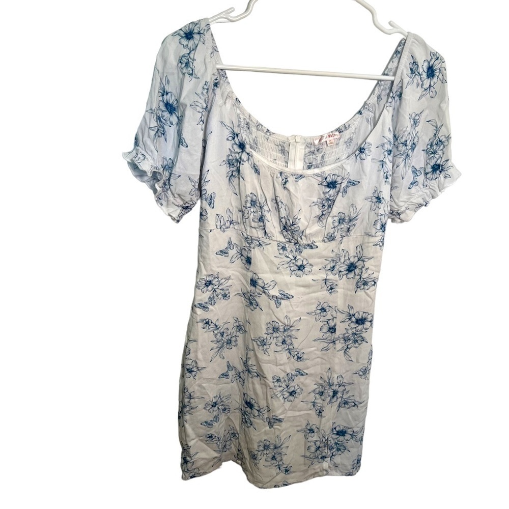 Lottie‎ Moss Women's Size Medium Mini Dress White Blue Floral Print Puff Sleeve